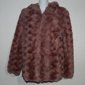 Dusty Rose zip front hooded plush teddy bear coat